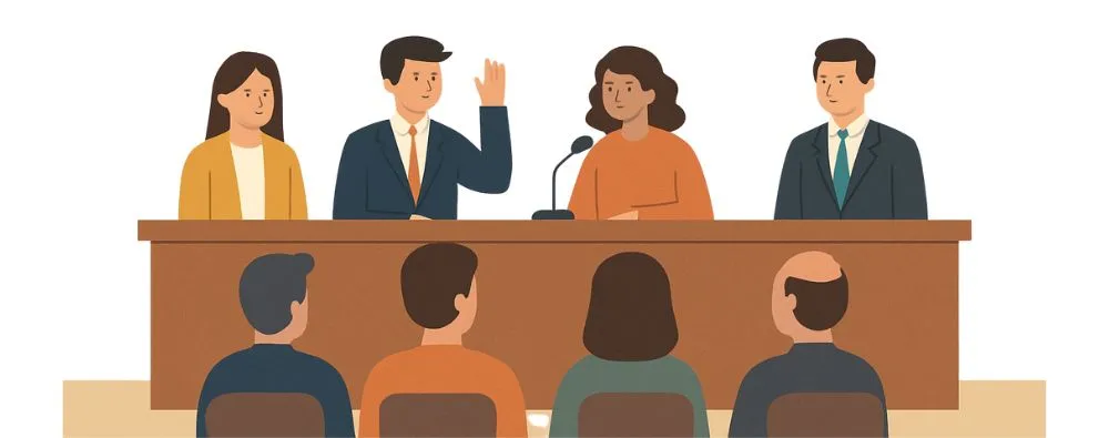 Ilustração digital em estilo flat design mostrando uma reunião de conselhos municipais, com quatro conselheiros sentados atrás de uma mesa, dialogando com cidadãos, simbolizando a democracia participativa e a gestão pública local.