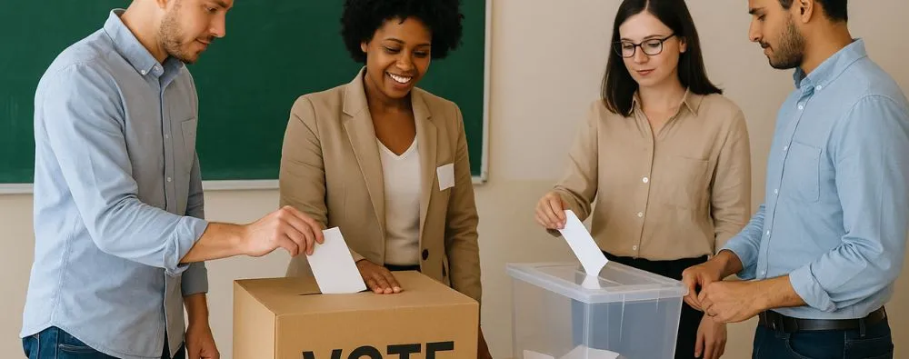 A imagem retrata a atmosfera de votação na Eleição das equipes diretivas das escolas públicas, destacando a importância do envolvimento da comunidade escolar no processo democrático.