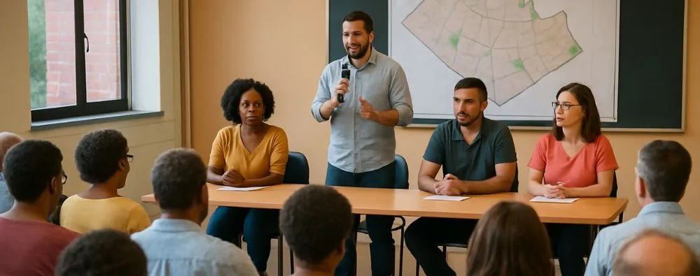 Foto de uma assembleia com moradores participando ativamente da eleição dos membros do conselho de bairro, onde representantes explicam etapas do processo democrático local.