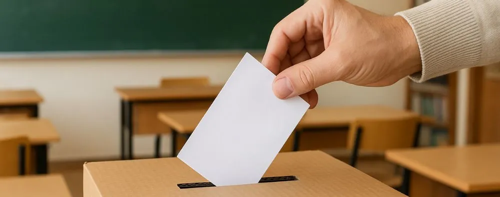 A imagem retrata o ato de voto em uma urna, simbolizando a importância das eleições para conselhos escolares na construção de uma gestão democrática e participativa dentro das instituições de ensino.