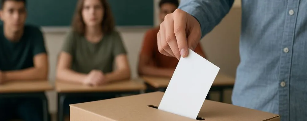 Imagem realista mostrando alunos participando das eleições para representantes de turma, simbolizando democracia e participação estudantil.
