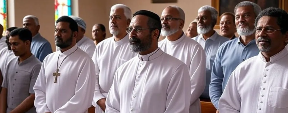 Nesta imagem, um grupo diversificado de líderes espirituais se reúne em um ambiente sereno, simbolizando a "Escolha de líderes espirituais para diferentes congregações". Eles representam tradições variadas, destacando a importância da seleção inclusiva e harmoniosa para guiar comunidades religiosas com sabedoria e empatia.