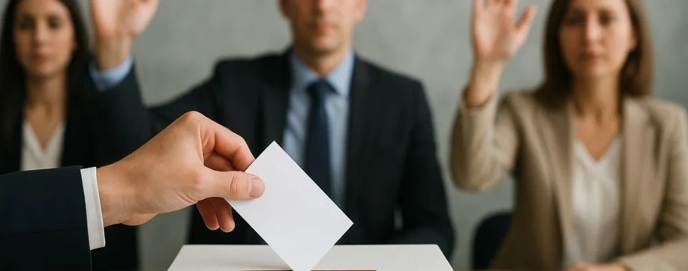 Representação de um processo democrático em que membros participam de uma votação sobre a distribuição de recursos dentro da instituição, simbolizando transparência e participação coletiva.