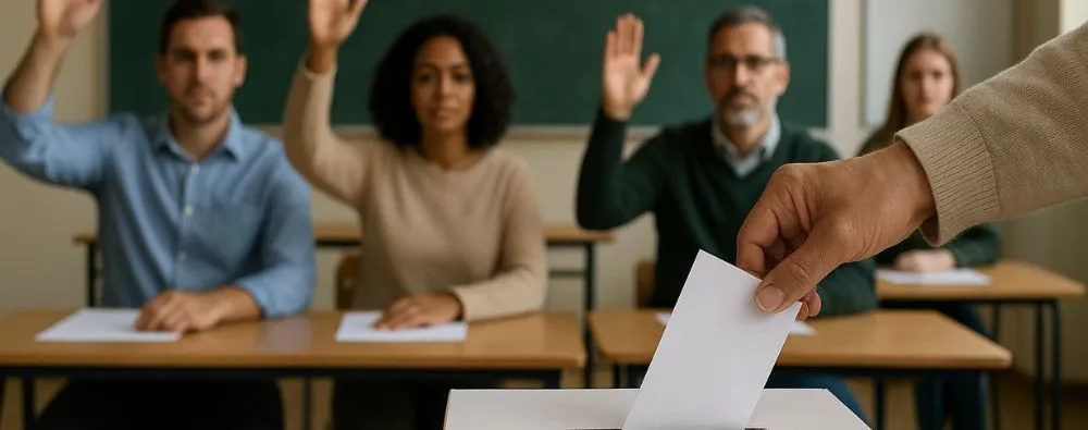 A imagem retrata uma votação sobre a implementação do regimento escolar, destacando a participação ativa de membros da comunidade escolar no processo democrático.