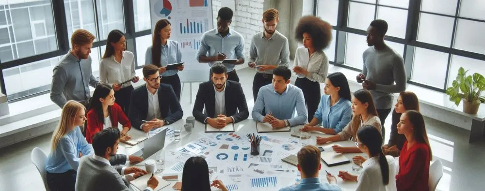 Moradores de um condomínio estão reunidos em assembleia, debatendo e participando de uma votação sobre acordos coletivos para trabalhadores e empresas. A cena mostra pessoas engajadas, analisando documentos e expressando opiniões, refletindo a importância da negociação e do consenso em decisões que impactam a comunidade. O ambiente transmite organização e diálogo, elementos essenciais para a construção de pactos justos e sustentáveis