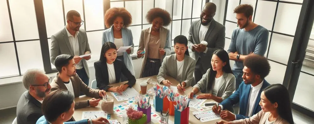 Profissionais de uma empresa estão reunidos em uma sala de conferências, analisando documentos e participando de uma votação sobre convenções trabalhistas. A atmosfera é de debate colaborativo, com gestores e funcionários engajados na discussão de políticas trabalhistas. A imagem transmite seriedade e democracia no processo decisório.