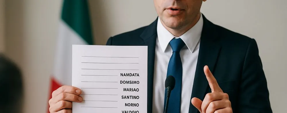 Homem de terno segura documento com lista de candidatos durante anúncio eleitoral em púlpito.