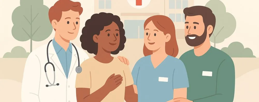 Ilustração de equipe de saúde reforçando a importância das Comissões Internas de Humanização Hospitalar no acolhimento e cuidado humano.