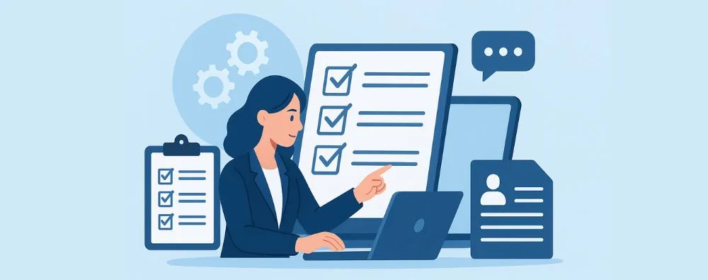 lustração de uma profissional em frente ao computador participando de uma Consulta Eletrônica para Formação de Listas Tríplices.