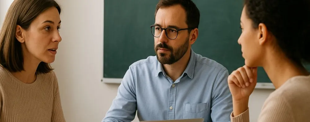 Três pessoas conversando em uma sala de aula, com um laptop sobre a mesa, discutindo metodologias pedagógicas.