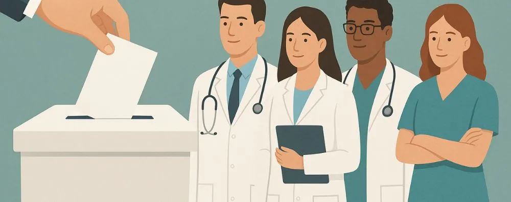 Ilustração de profissionais de saúde ao lado de uma urna de votação durante a eleição de comissão de ética médica.