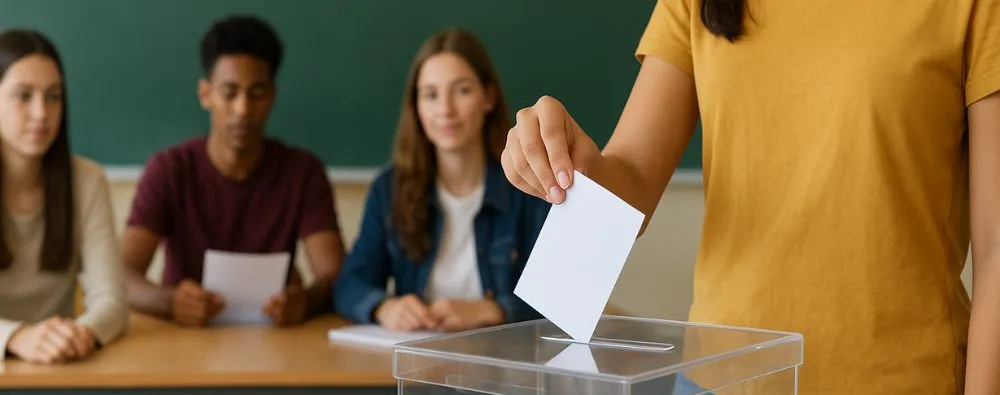 Estudante coloca cédula em urna transparente enquanto outros alunos observam em sala de aula durante eleição estudantil.