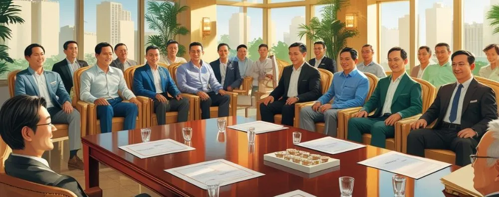Imagem mostra um grupo de homens em uma sala de reunião, analisando documentos e participando ativamente de uma discussão. O foco da cena é a escolha de empresa administradora por votação direta, destacando a colaboração e a tomada de decisão democrática. 