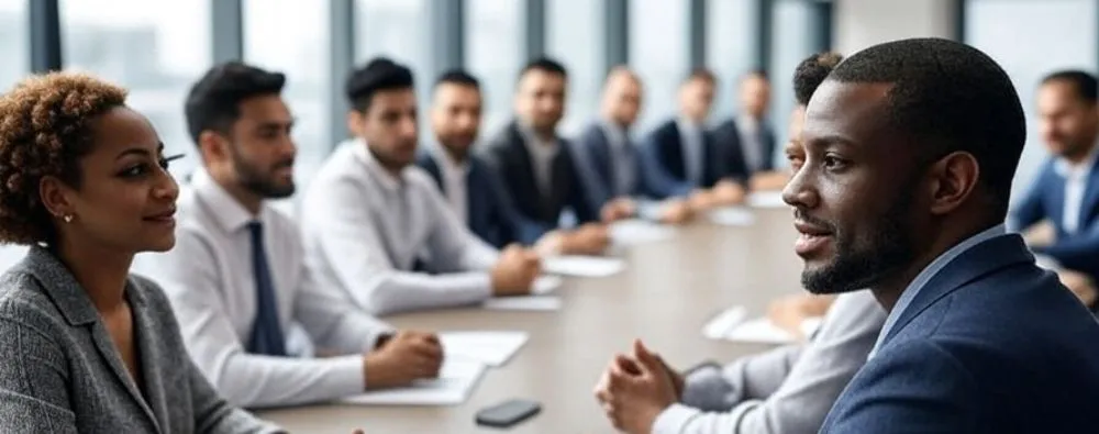 Consulta para o desenvolvimento de novas parcerias estratégicas Um grupo diversificado de profissionais em trajes profissionais sentados ao redor de uma mesa de conferência, envolvidos em uma discussão sobre uma consulta para o desenvolvimento de novas parcerias estratégicas