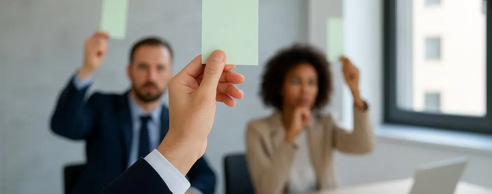 Três pessoas participam de uma assembleia em uma sala de reuniões moderna, levantando cartões verdes para votar sobre mudanças na convenção de condomínio.