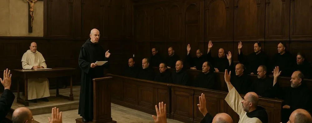 Cena realista retratando monges durante um Capítulo Geral e votação religiosa: tradição democrática milenar em ação, refletindo séculos de tradição e participação coletiva nas decisões da ordem.