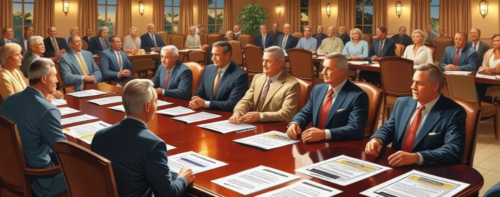 Imagem mostra moradores de um condomínio reunidos em uma sala de reuniões, participando ativamente de uma Consulta aos moradores sobre uso de espaços comuns