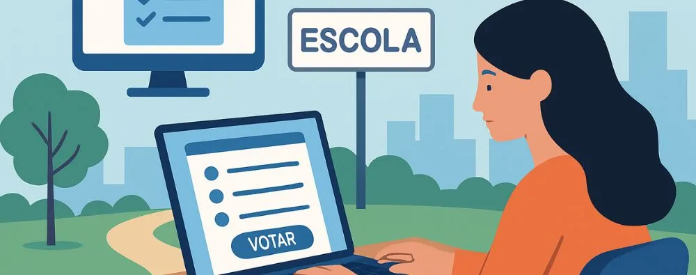 Ilustração de uma mulher usando laptop em um parque para votação online na nomeação de equipamentos públicos, com monitor e placa de escola ao fundo.