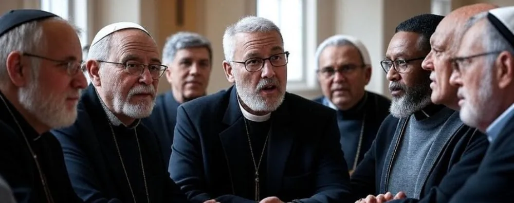 Imagem representando deliberação em ordens religiosas, com líderes religiosos reunidos, onde decisões coletivas são tomadas de forma participativa e alinhada aos valores espirituais.