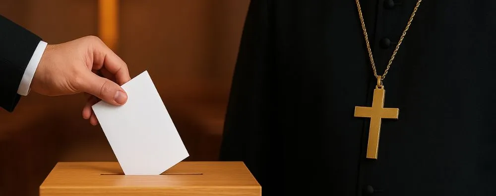 Cena retratando o ato de votar em uma eleição para cargos administrativos em instituições religiosas, simbolizando a participação democrática na gestão de comunidades de fé.