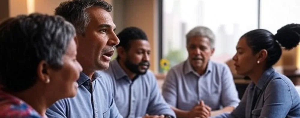A imagem retrata um grupo diversificado de pessoas sentadas ao redor de uma mesa em um ambiente profissional, engajadas em uma discussão animada. Um homem parece estar falando com convicção, enquanto os outros escutam atentamente, alguns tomando notas em papéis e cadernos. O cenário sugere uma reunião cívica ou assembleia, com foco em temas democráticos, representando o processo de eleições para conselhos de cidadania no Brasil, onde cidadãos participam ativamente na tomada de decisões coletivas.