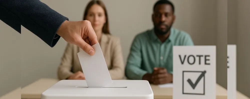 A imagem retrata o ato de votação durante as Eleições para o conselho de educação e inclusão, simbolizando a importância da participação da comunidade escolar no processo decisório.
