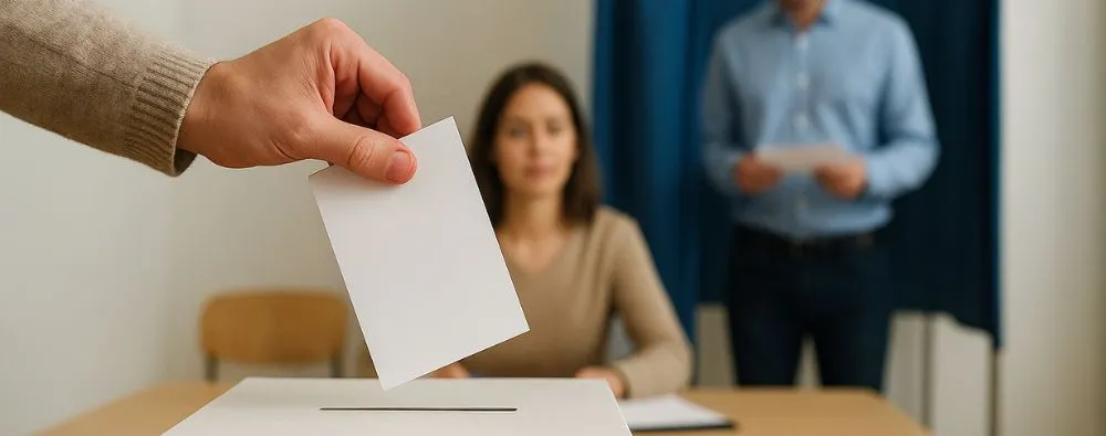 A imagem retrata o processo democrático das Eleições para representantes de pais e mestres, destacando a importância do envolvimento da comunidade escolar.