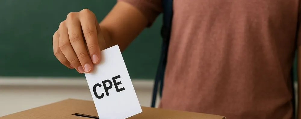 A imagem retrata o momento da eleição para o Conselho de Participação Estudantil, destacando a importância da participação dos alunos nas decisões da escola.