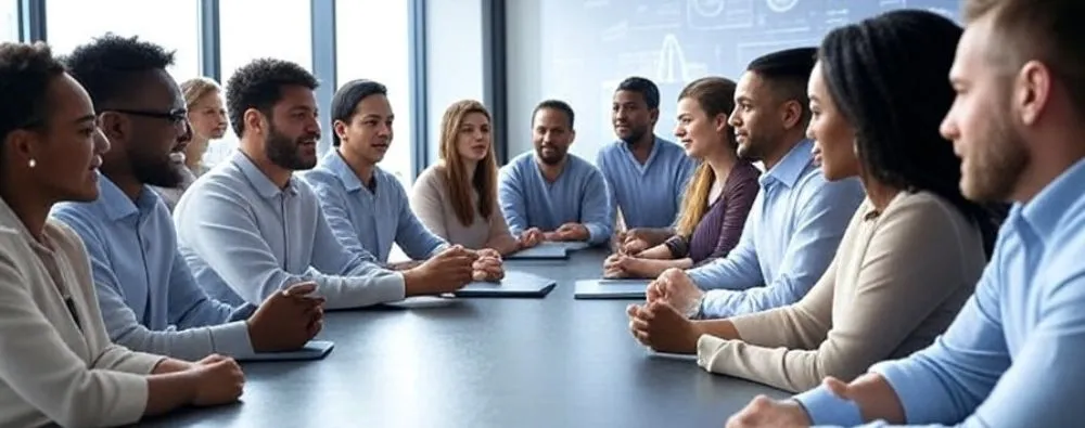 Imagem mostra uma reunião de comitês de diversidade e ESG empresarial com pessoas diversas, refletindo práticas de inclusão e governança ESG em ambiente corporativo.