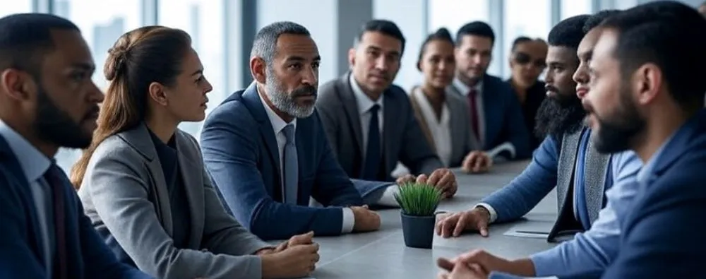 Uma reunião em uma sala de conferências com várias pessoas sentadas ao redor de uma mesa oval, discutindo formalmente. A sala tem janelas grandes com vista para uma cidade e um mapa na parede, sugerindo um ambiente profissional relacionado à Escolha de representantes para comissões de mobilidade urbana.