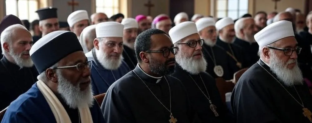 A imagem retrata um orador em um terno escuro posicionado atrás de um púlpito, discursando para uma audiência diversificada em uma sala de conferências formal. No fundo, há várias bandeiras de diferentes países, sugerindo um ambiente internacional e diplomático. Essa cena evoca discussões sobre governança global, como as que ocorrem em Organismos religiosos internacionais, onde representantes são eleitos para lidar com questões inter-religiosas e de cooperação mundial. A composição transmite seriedade e multiculturalismo, com o foco no palestrante e na plateia atenta, ideal para ilustrar processos eleitorais em contextos internacionais.