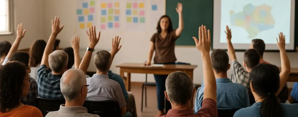 Pessoas participam de uma reunião comunitária para discutir e votar prioridades de investimentos municipais, exemplificando os planos plurianuais participativos.