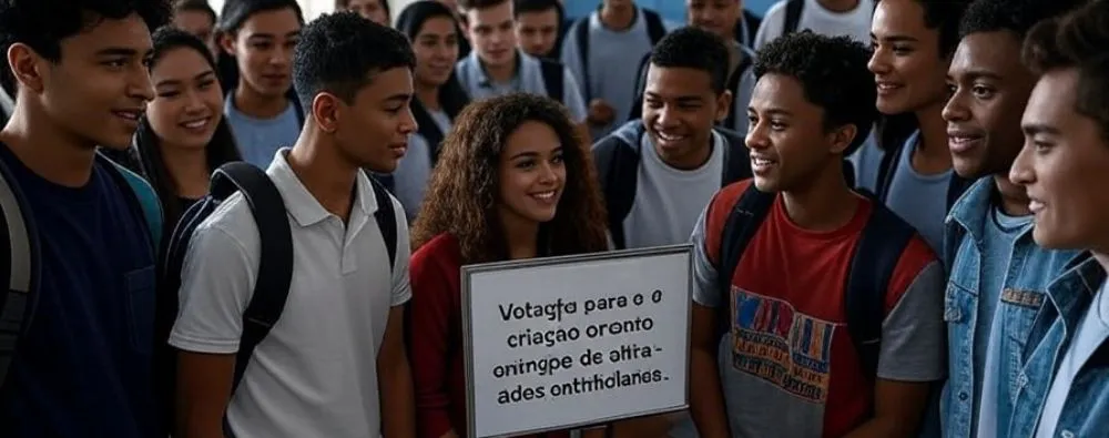 Um grupo diversificado de adolescentes se reúne em um corredor escolar ao redor de um cartaz que anuncia "Votação para a criação ou extinção de atividades extracurriculares". Eles sorriem e interagem animadamente, representando engajamento comunitário e decisões estudantis sobre programas extracurriculares como esportes, artes e clubes.