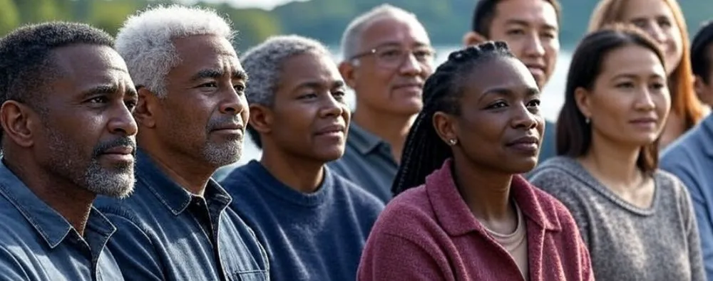 Imagem ilustrativa de uma assembleia diversificada participando de uma votação sobre diretrizes espirituais, destacando o processo democrático e o foco em valores elevados para guiar comunidades.