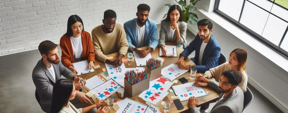 Imagem mostra um grupo de profissionais diversos, sentados em uma sala de reuniões, engajados em uma discussão colaborativa. Eles estão analisando documentos e participando ativamente da votação para Conselho de Trabalhadores, refletindo um ambiente de democracia corporativa e tomada de decisão coletiva.