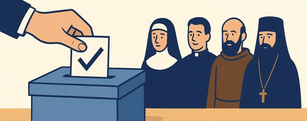 Ilustração retratando a votação sobre a criação de novas ordens religiosas, com urna, cédula e representantes de diferentes tradições religiosas, simbolizando diversidade e participação.