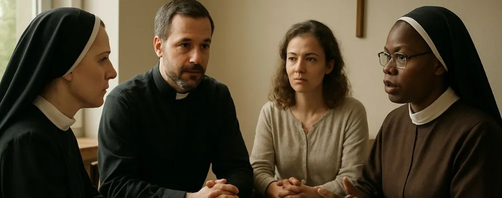 Reunião de líderes e fiéis em um momento de diálogo e tomada de decisões, ressaltando a importância dos votos em conselhos pastorais para uma participação democrática na Igreja.