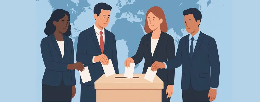 Quatro profissionais votando em uma urna com mapa-múndi ao fundo, simbolizando a eleição de representantes para conselhos internacionais de classe.