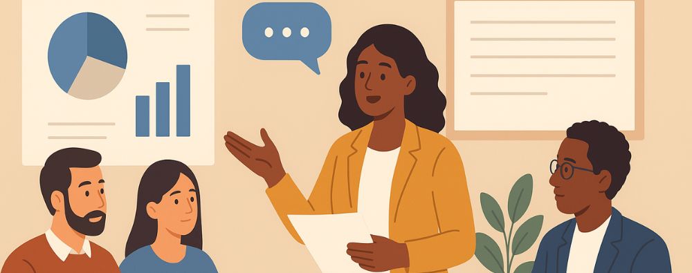 Ilustração representando uma consulta à comunidade acadêmica, com estudantes, professores e gestores discutindo mudanças curriculares de forma democrática.