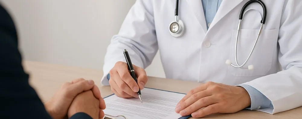 Consulta para revisão de diretrizes de atuação profissional, com profissional de saúde avaliando documentos em reunião formal.