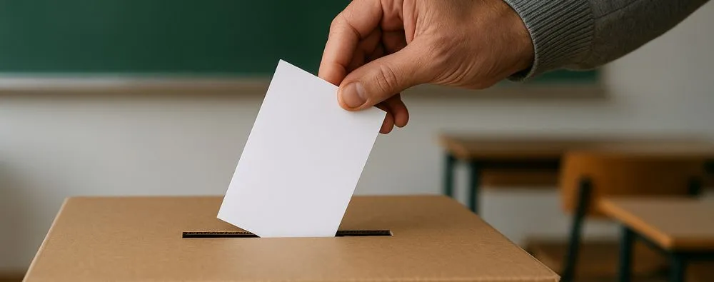 Mão inserindo cédula em urna em sala de aula, representando a Eleição da Representação dos Professores.
