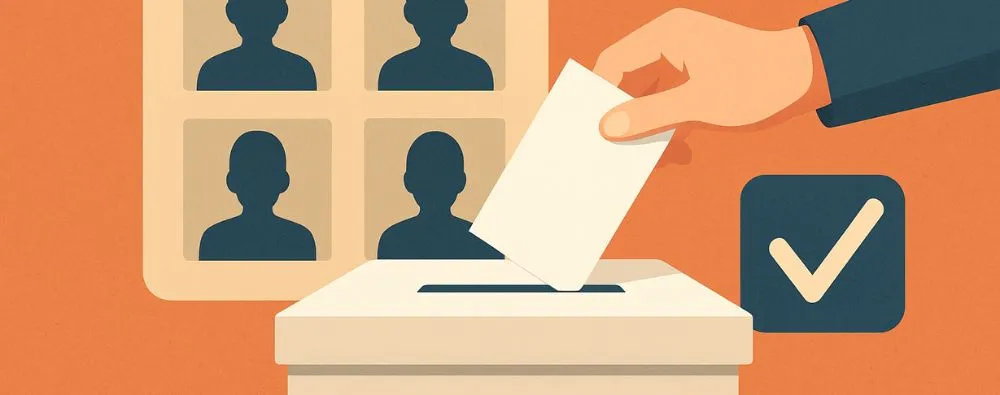 Mão depositando cédula em urna durante a eleição de conselheiros suplentes, com ícones de candidatos ao fundo.