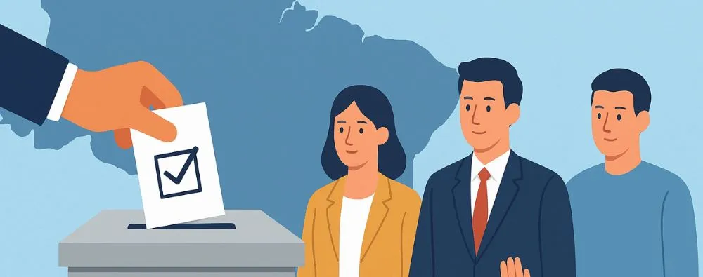 Ilustração de pessoas participando da eleição de delegados regionais ou estaduais, com uma mão depositando um voto em urna diante de cidadãos.