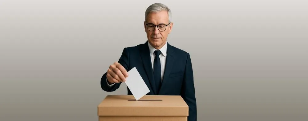 Homem de terno depositando voto em urna durante a eleição de diretoria executiva.