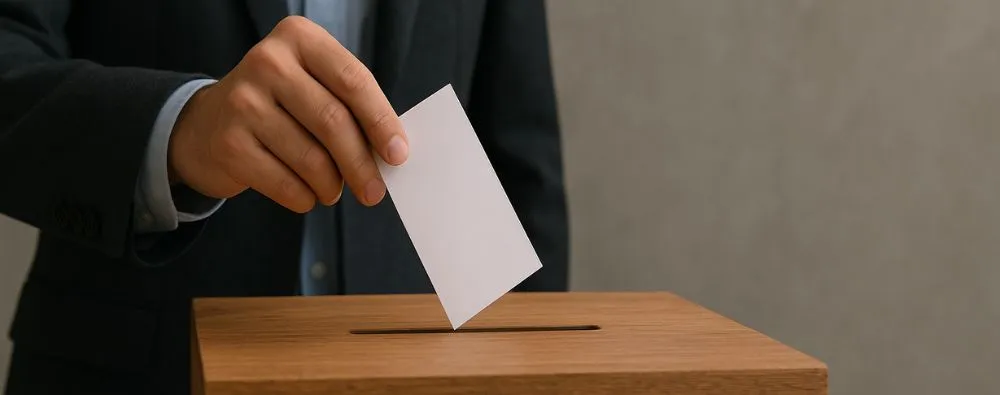 Pessoa colocando cédula de votação em urna de madeira durante eleição do reitor.
