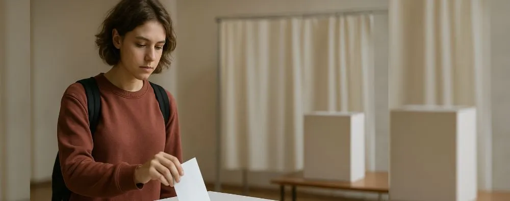 Jovem estudante depositando voto em urna durante a eleição dos estudantes delegados de curso.
