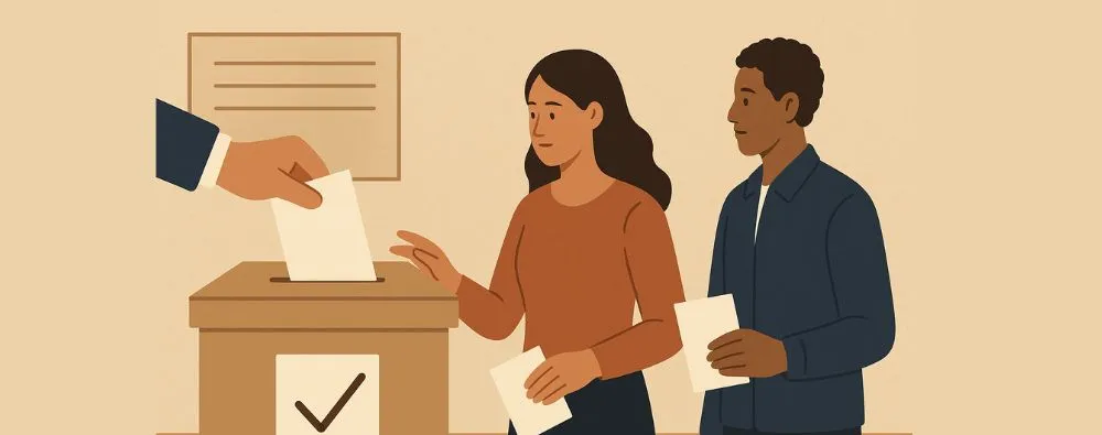Pessoas participando de uma eleição para comissões temáticas permanentes, colocando cédulas em uma urna de votação.