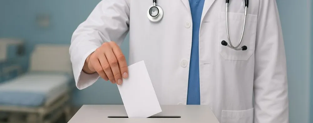 Médico de jaleco branco depositando voto em urna, simbolizando a eleição para cargos de supervisão em hospitais.