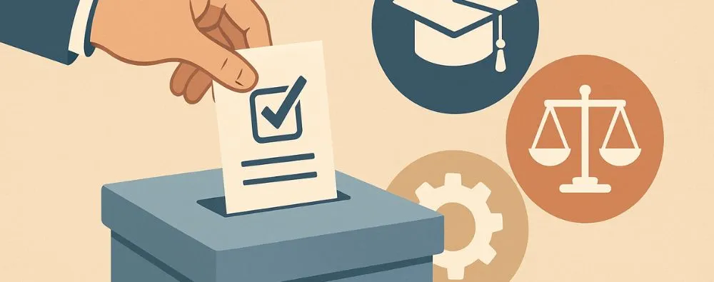 Mão depositando cédula de voto em urna, representando as eleições de conselho profissional e o exercício democrático da categoria.