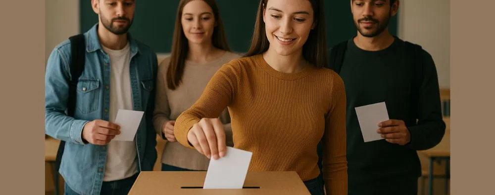 Grupo de estudantes universitários votando em sala de aula durante eleições em instituições de ensino superior.